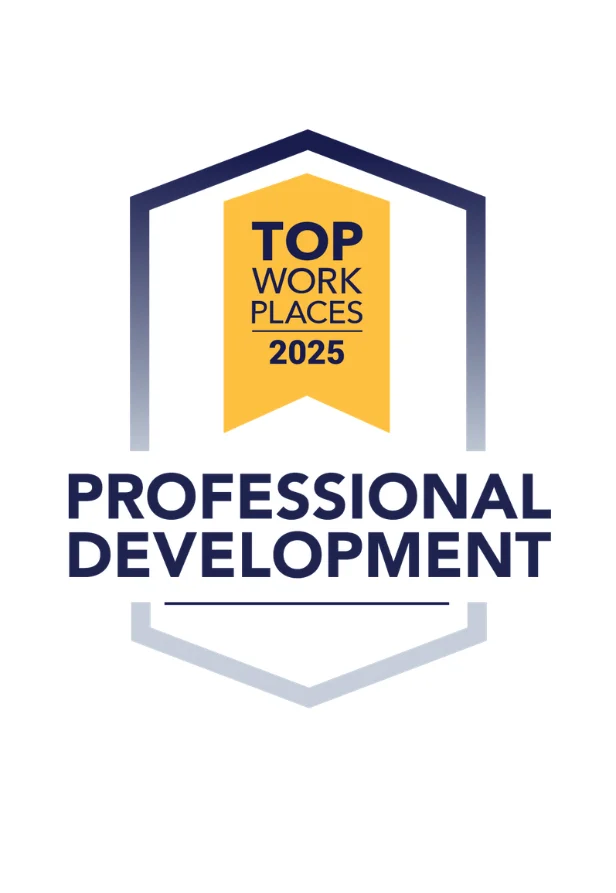 A badge indicating 'Top Work Places 2025' with a focus on 'Professional Development.'