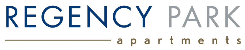Logo for Regency Park Apartments featuring the name in blue and gray text with a brown line below.