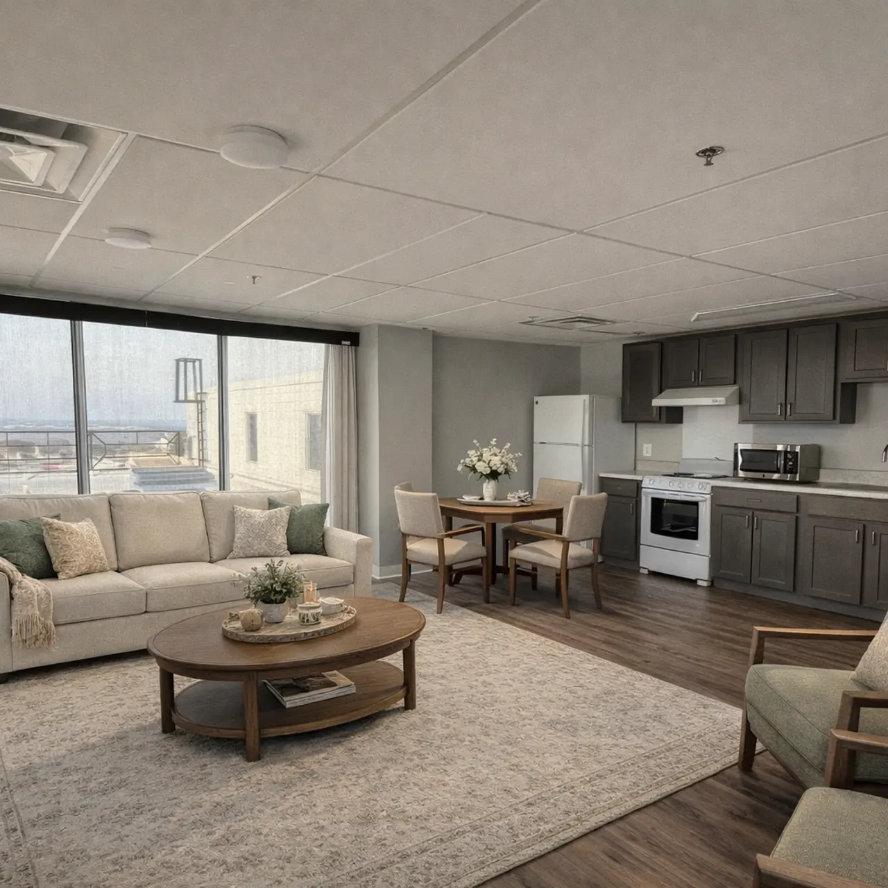 A modern living room featuring a light-colored sofa, two green armchairs, a coffee table, and a large area rug. The room is well-lit with large windows showing a scenic view. There is a dining area with a vase of flowers, and a kitchenette with a microwave, refrigerator, and cabinets in the background.