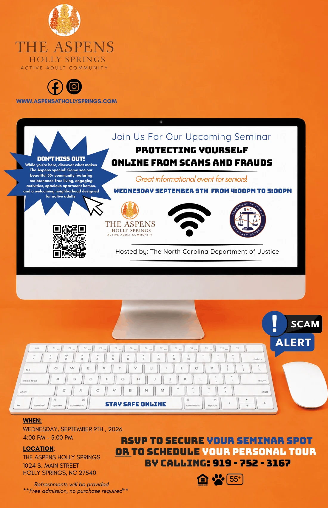 A promotional flyer for a seminar on protecting oneself from scams and frauds, featuring a computer screen with event details, a registration QR code, and contact information.