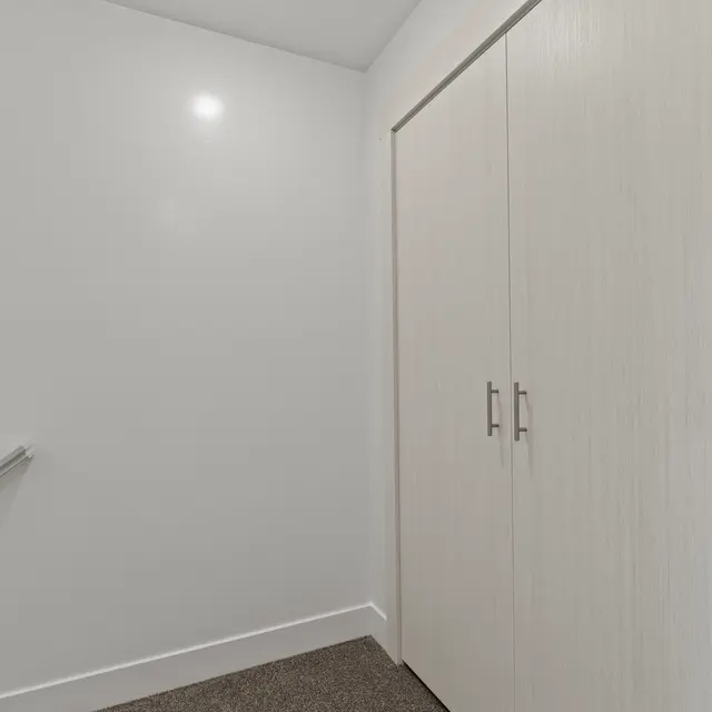 A clean and modern staircase area with a wall-mounted handrail, light gray walls, and a closed closet with wooden doors featuring horizontal grooves. The floor is carpeted in a neutral color, and there is a wall sconce providing ambient lighting.