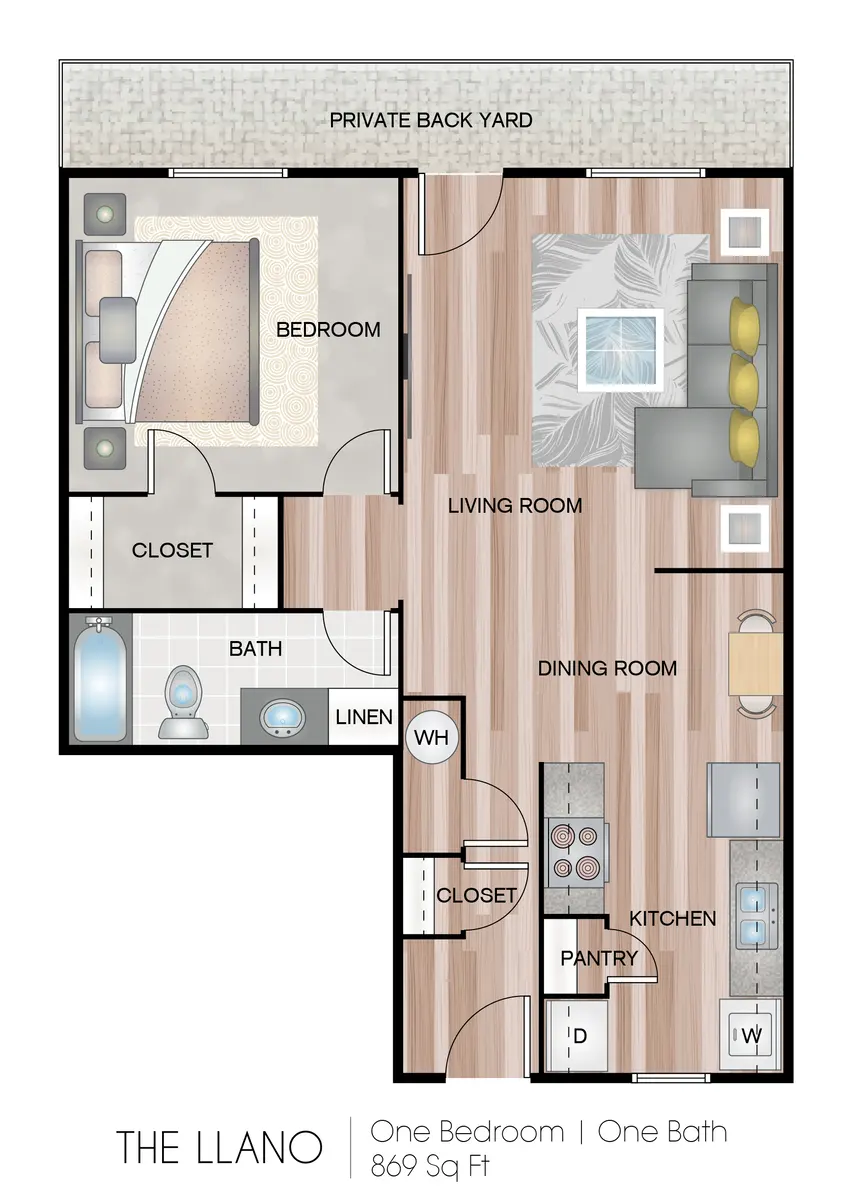 The Llano Apartment Floor Plan Floor plan of a one-bedroom apartment named The Llano, featuring a bedroom, bath, living room, dining area, kitchen, pantry, and private backyard.