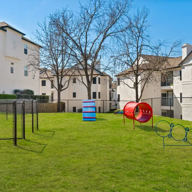 Fenced-in dog park on grass with structures for the dogs to play in.