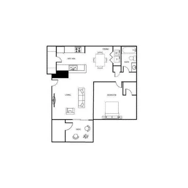 One-Bedroom Apartment Floor Plan A simple black and white floor plan of an apartment, showing the layout of rooms including a kitchen, living room, dining area, and bathroom.