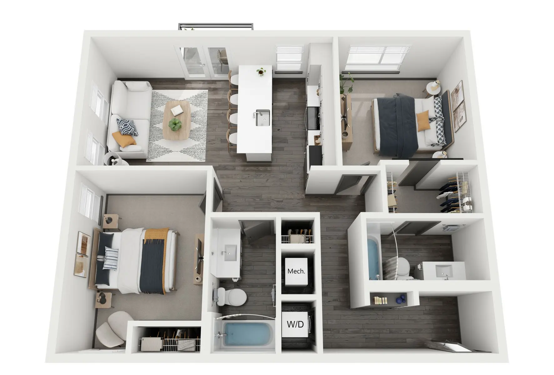Modern apartment with two bedrooms, two bathrooms, a kitchen, and a living area.
