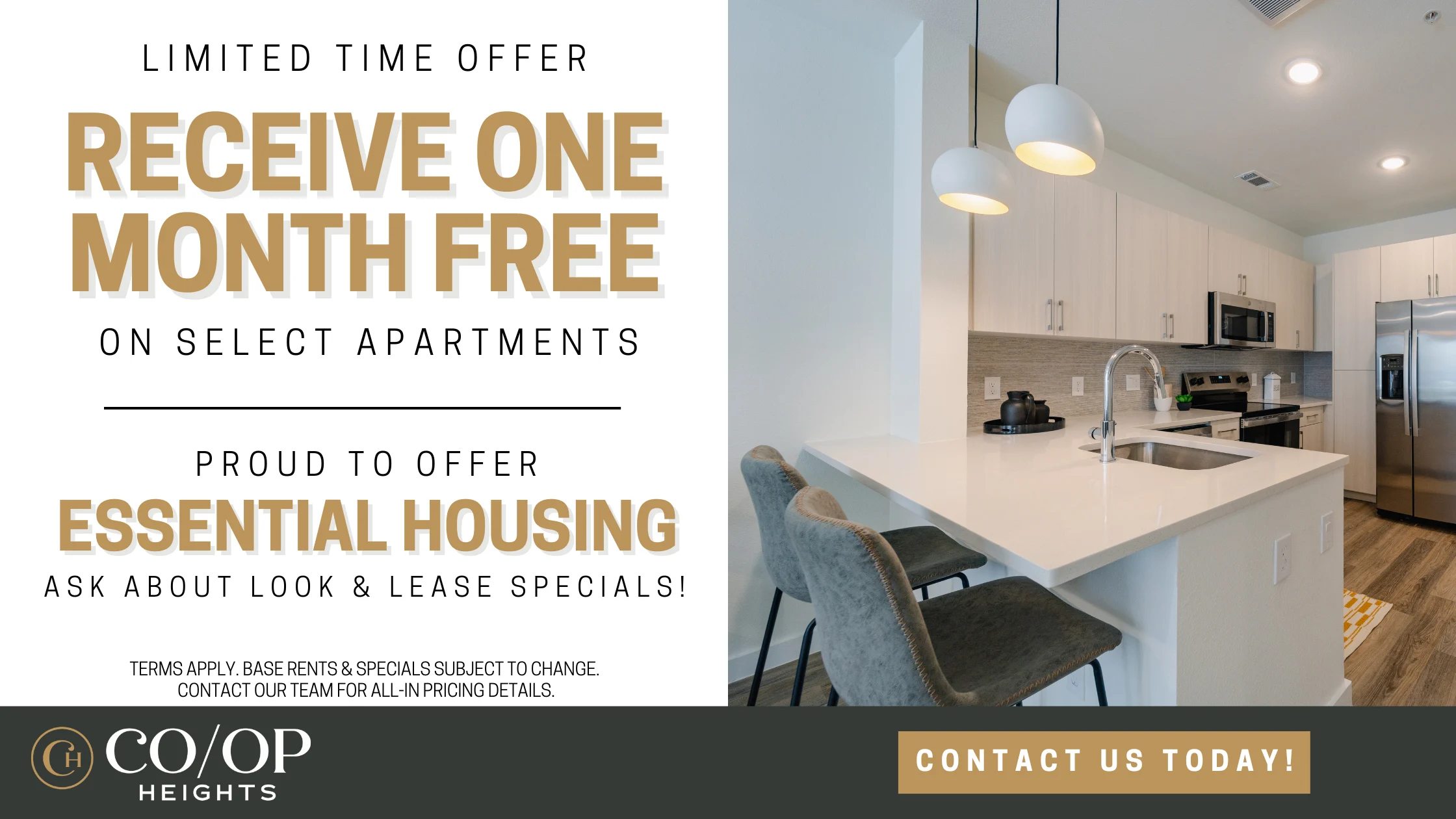 Promotional advertisement for Co-Op Heights apartments featuring a modern kitchen and living area.