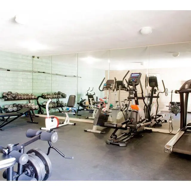 Gym Interior with Exercise Equipment Interior of a gym featuring various exercise equipment including dumbbells, treadmills, and elliptical machines.
