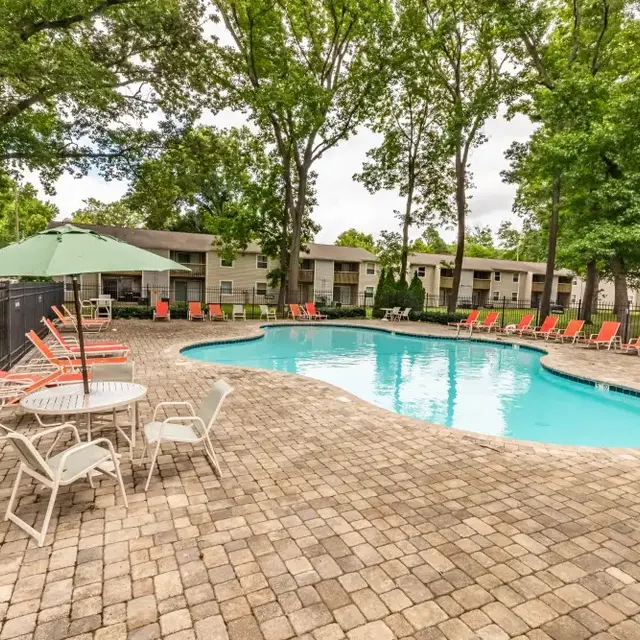 Swimming pool area surrounded by trees, featuring lounge chairs and an umbrella table.