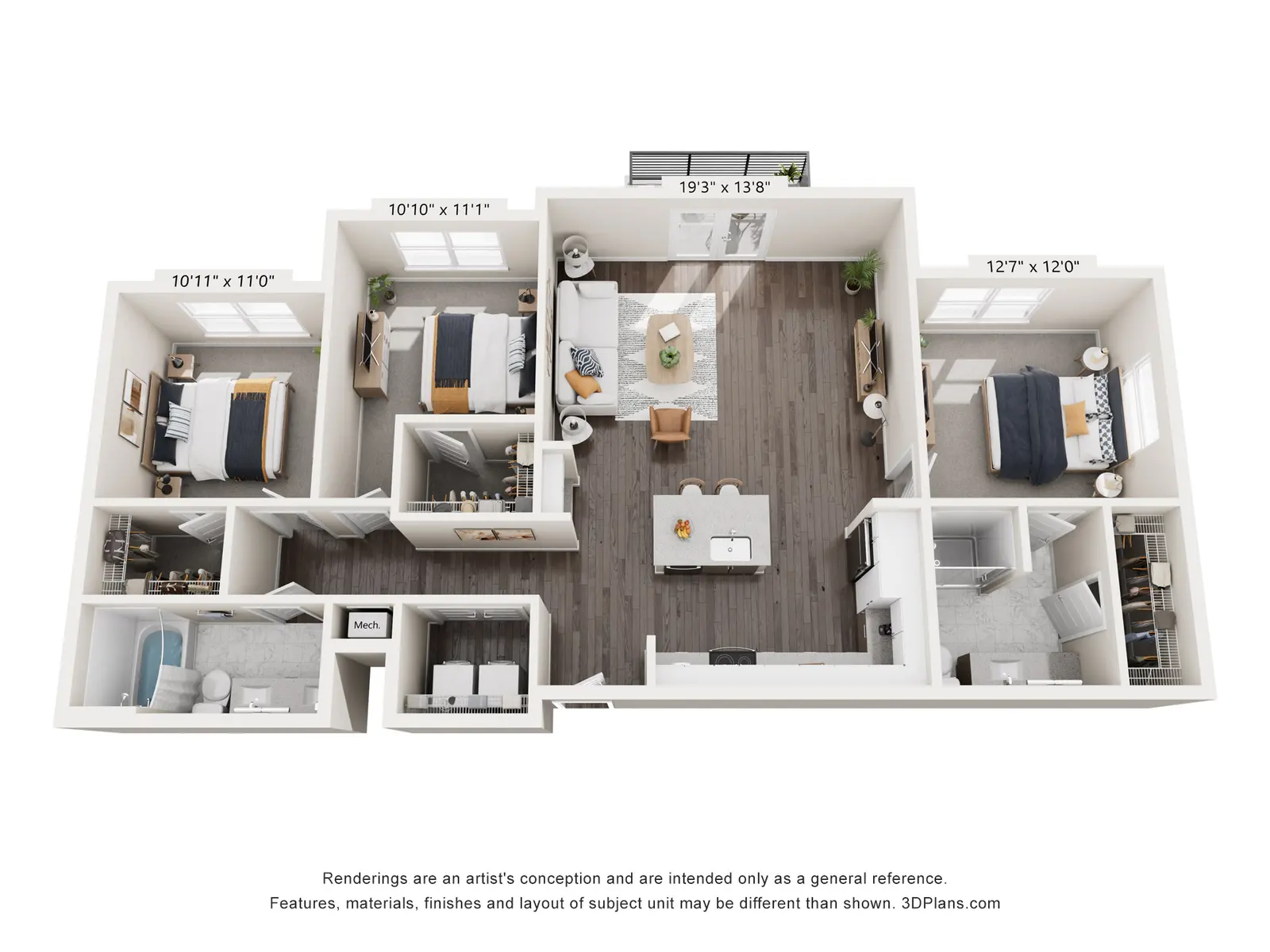 An artist's rendering of an apartment floor plan featuring multiple bedrooms, a living area, and a dining space with measurements indicated for each room.