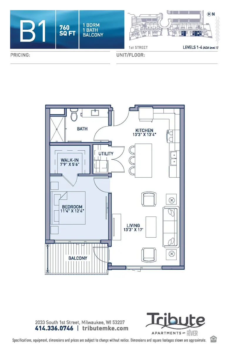 Blueprint of a one-bedroom apartment layout featuring a living room, kitchen, utility area, bath, and balcony.