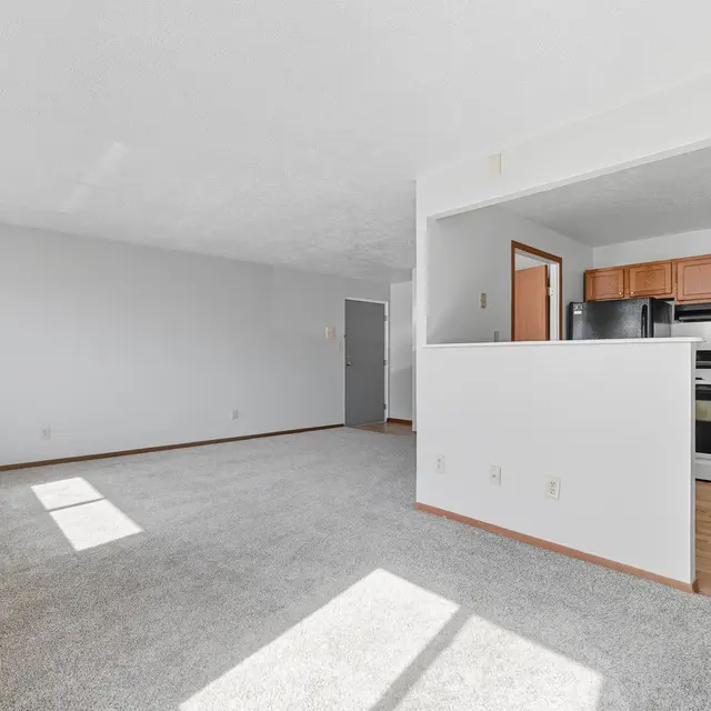A spacious and bright living room with light-colored carpeting and a small kitchen area visible in the background.