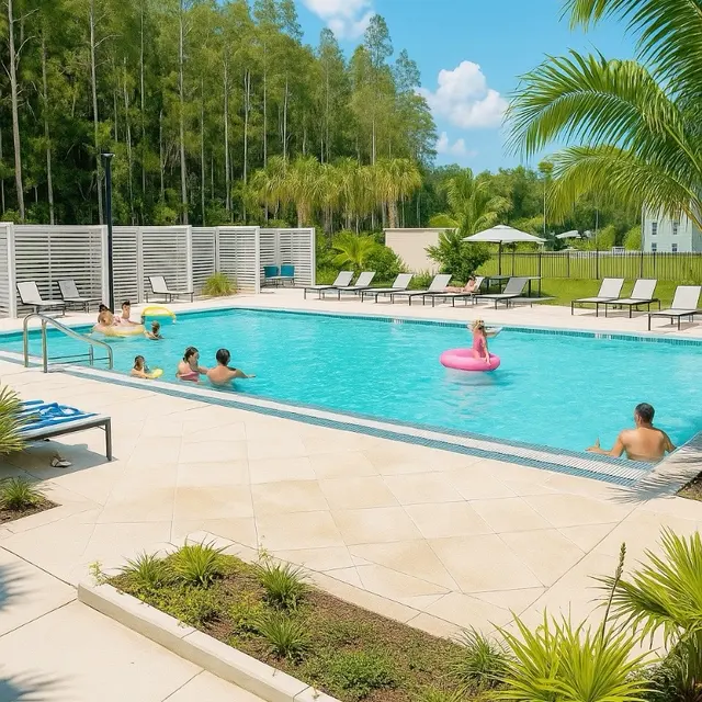 A sunny swimming pool area surrounded by lush greenery, with several people enjoying the water and lounging on chairs.