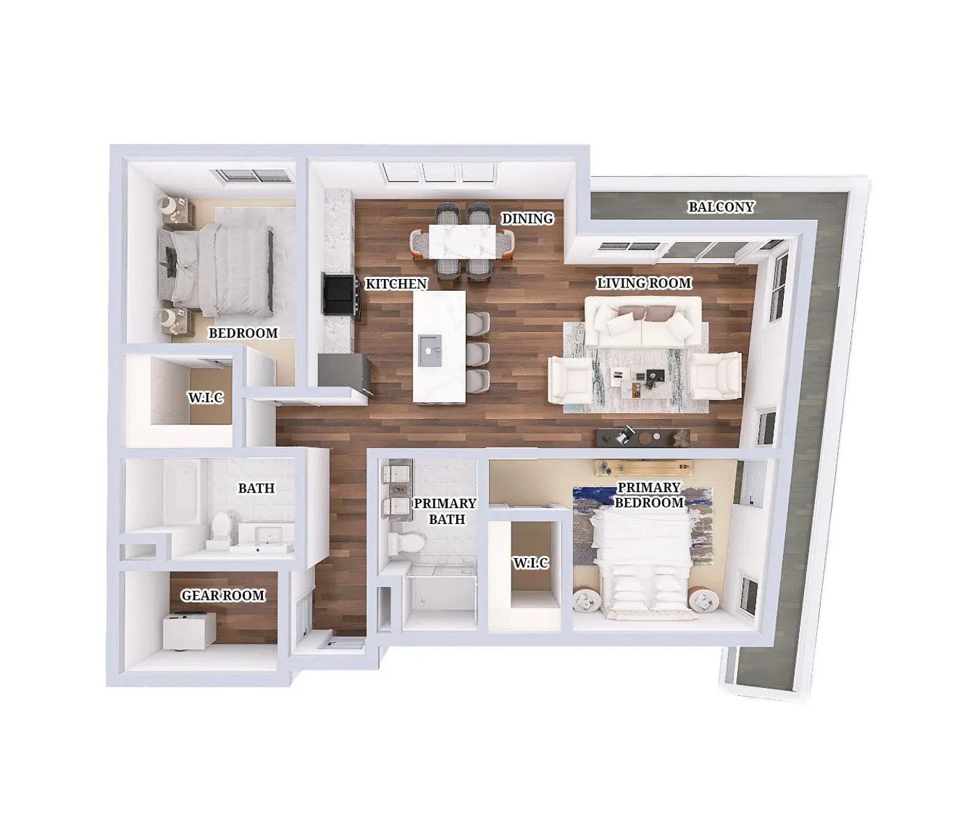 A labeled floor plan of an apartment layout showing various rooms including bedrooms, living room, kitchen, dining area, and a balcony.