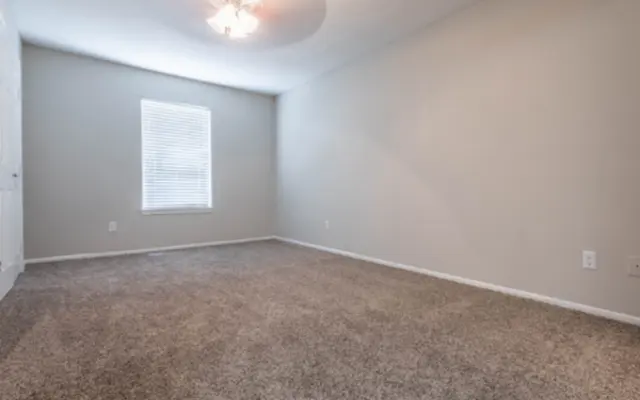 Empty Room with Ceiling Fan and Window An empty room with light gray walls and a tan carpet. There is a window with white blinds on the far wall, and the ceiling features a ceiling fan.