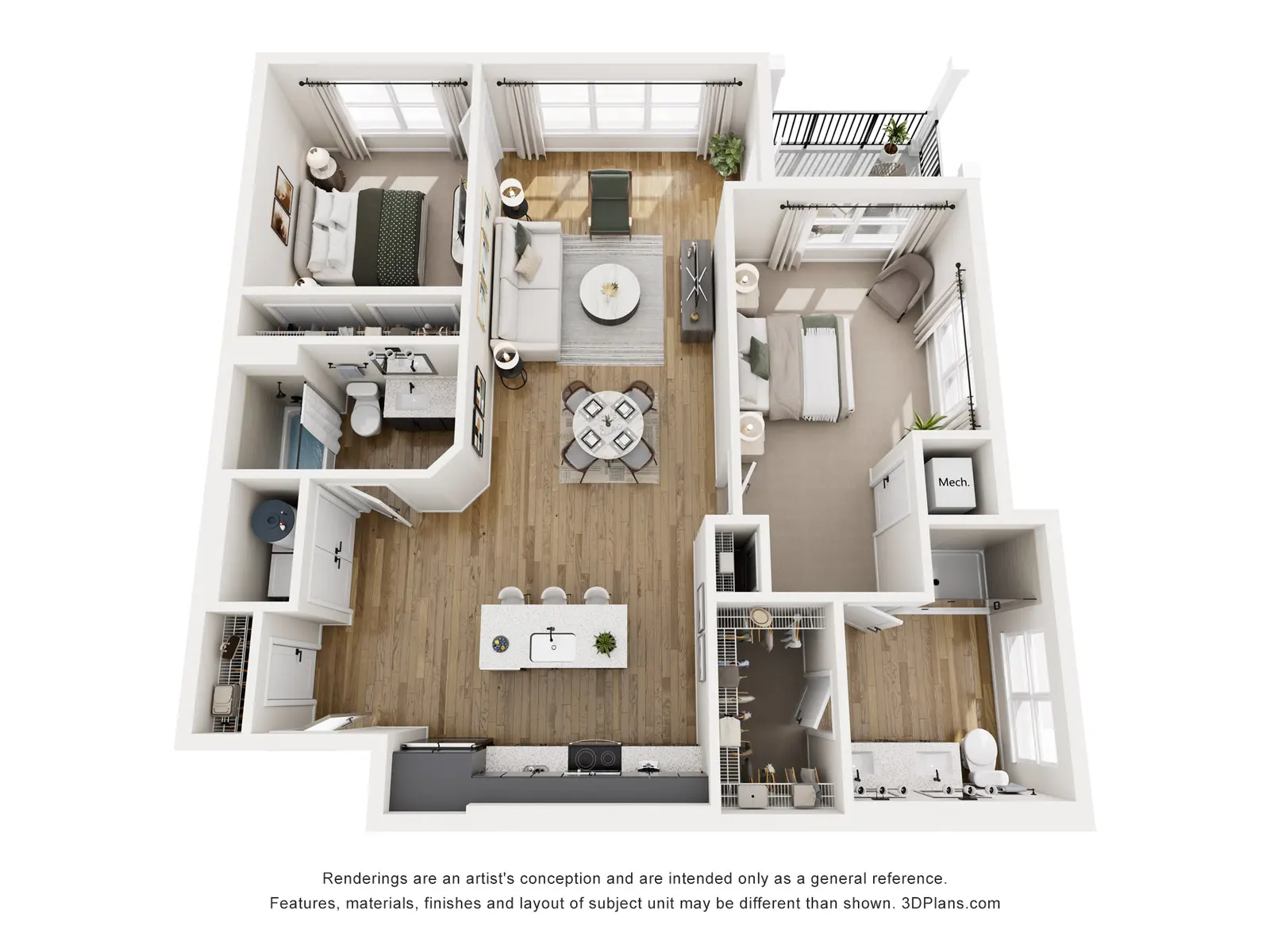 A top-down view of an apartment layout showing multiple rooms including a living area, kitchen, bedroom, and small balcony. Various furniture pieces are depicted in each room.