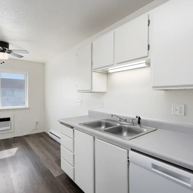 Modern Kitchen Interior A clean and modern kitchen interior featuring white cabinets, a double sink, and a dishwasher. Natural light comes in through a nearby window, illuminating the laminate flooring.