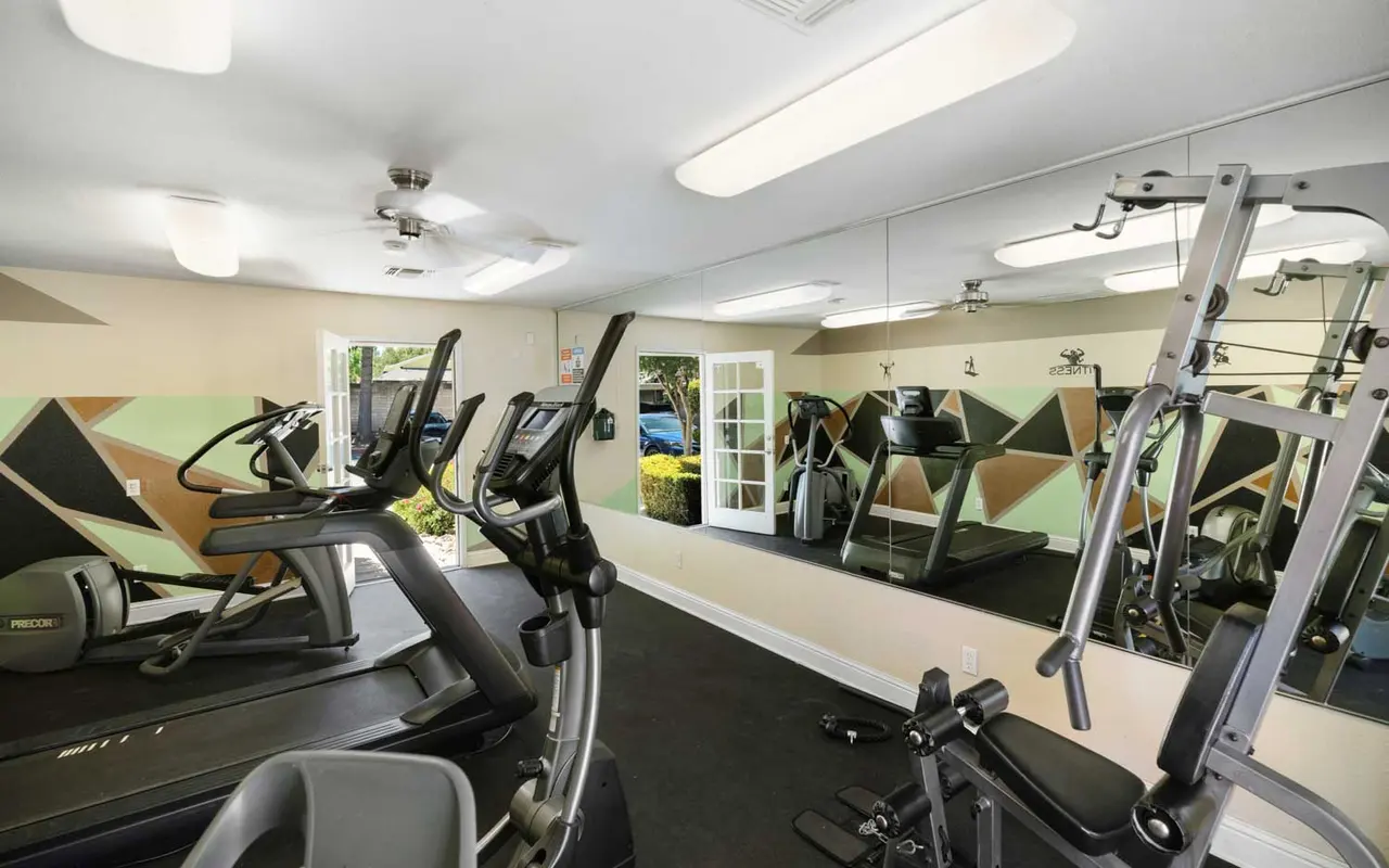 Interior of a gym featuring exercise equipment and mirrors.