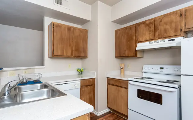 A modern kitchen featuring wooden cabinets, white countertops, and a stove with an oven. The kitchen includes a dishwasher and a sink, with a small plant on the counter.