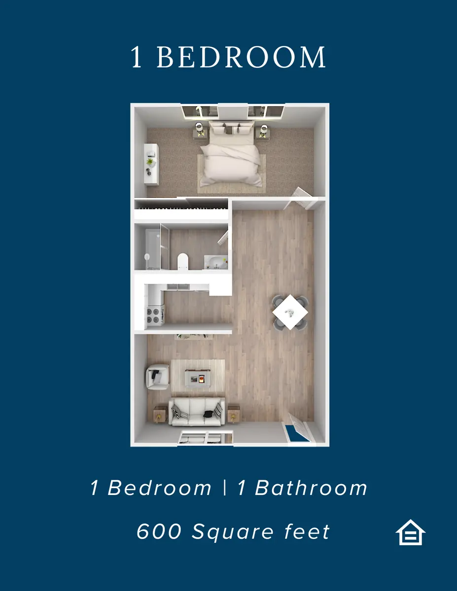 A floor plan of a one-bedroom apartment featuring a living area, kitchen, bathroom, and bedroom layout with measurements confirmed to be 600 square feet.