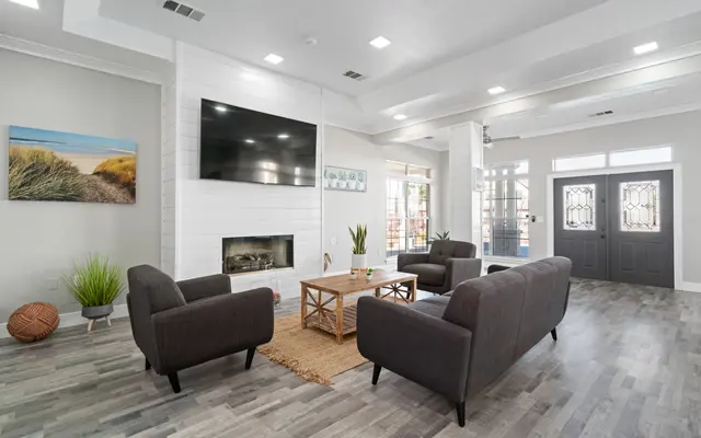 A modern living room featuring gray couches, a coffee table, a fireplace, and a large flat-screen television against a white wall. Natural light floods the space through large front doors, complemented by a painting of dunes on the wall.