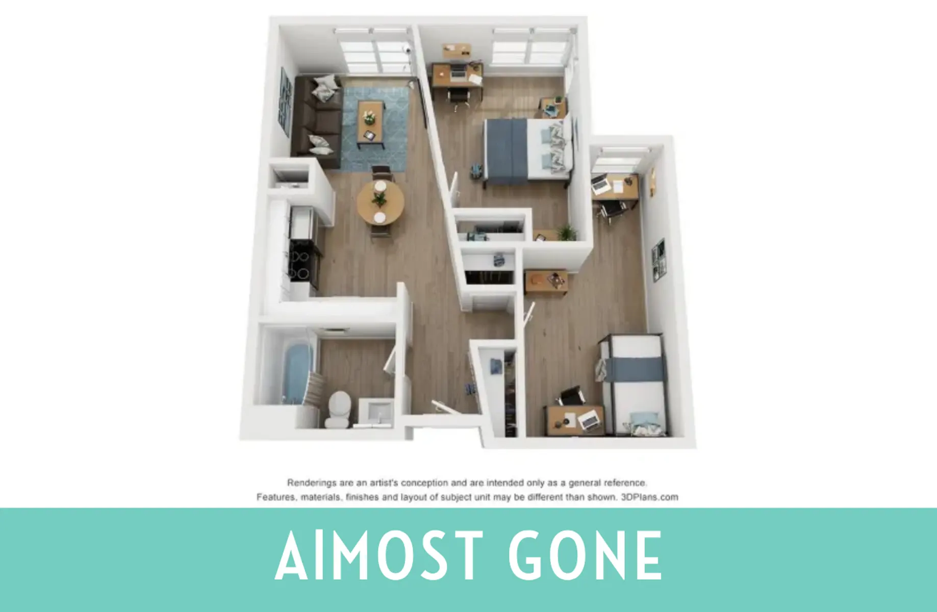 An architectural floor plan of a two-bedroom apartment, featuring a living area, kitchen, and two bedrooms. The layout is shown from a top-down perspective with furniture and appliances indicated.