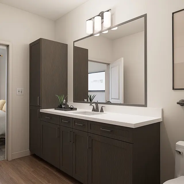 A modern bathroom featuring a double sink vanity with a large mirror, dark cabinetry, and a decorative wall art piece. The space has wooden flooring and includes a towel rack with a checkered towel.