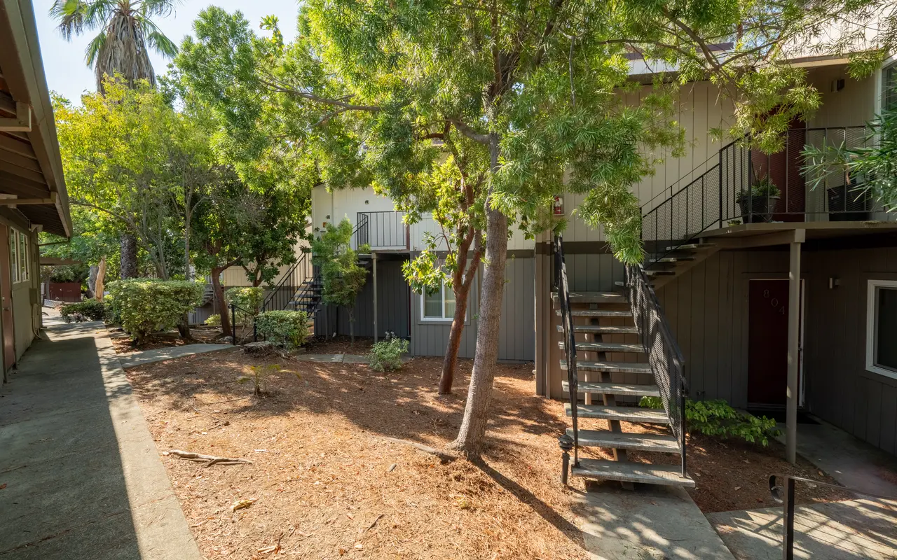 A view of an apartment complex courtyard with trees and a staircase leading to upper units, surrounded by greenery and mulch.