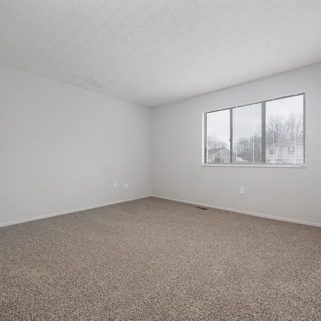 A spacious empty room with beige carpet and light gray walls, featuring a large window on one side allowing natural light.