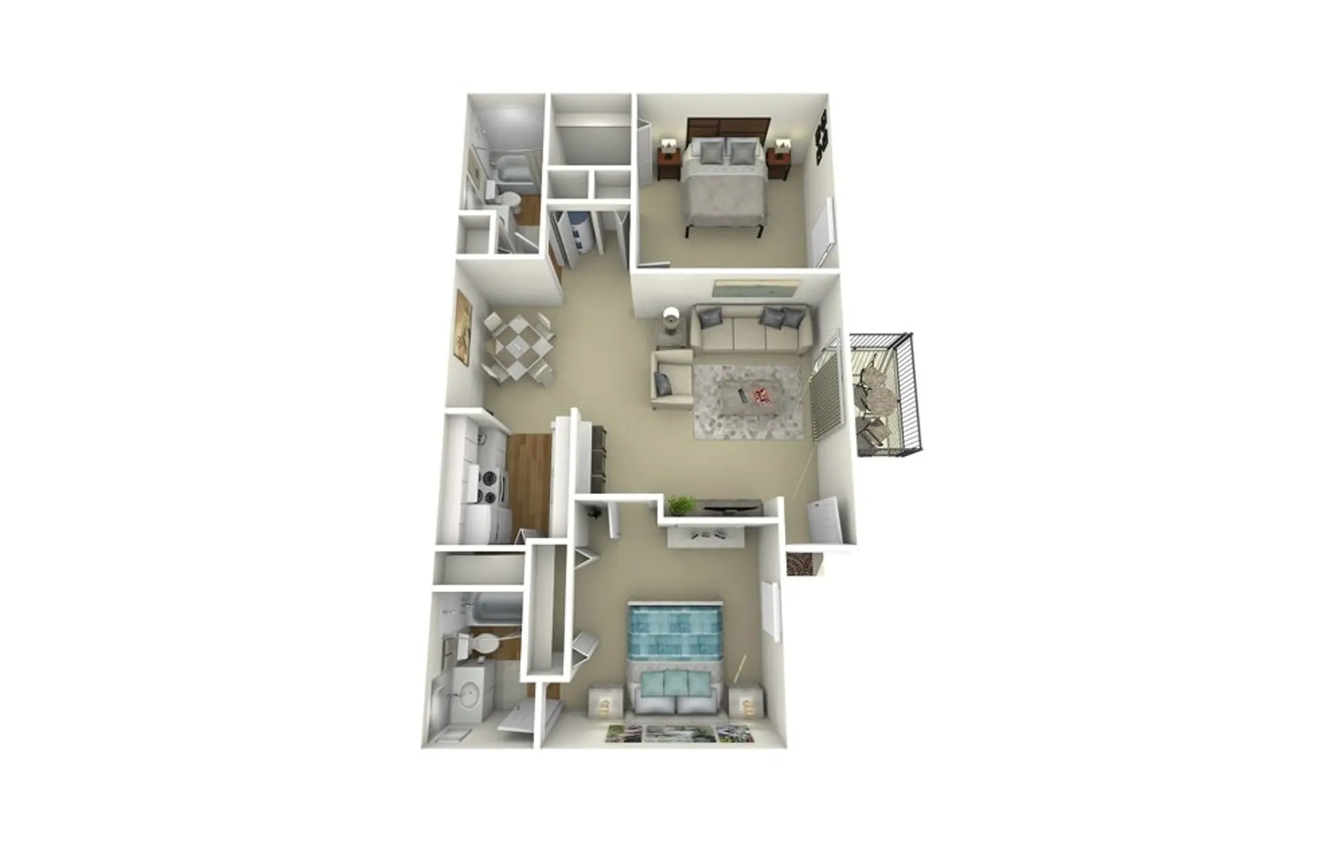 Atwater at Westchase A 2D floor plan layout of an apartment featuring a living room, kitchen, bedrooms, and bathroom areas.