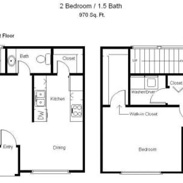 2-Bedroom, 1.5-Bath Floor Plan A detailed floor plan showing a 2-bedroom, 1.5-bathroom layout. The first floor includes a living room, kitchen, dining area, a patio, and a bath. The second floor features two bedrooms, a bathroom, and additional closet space.