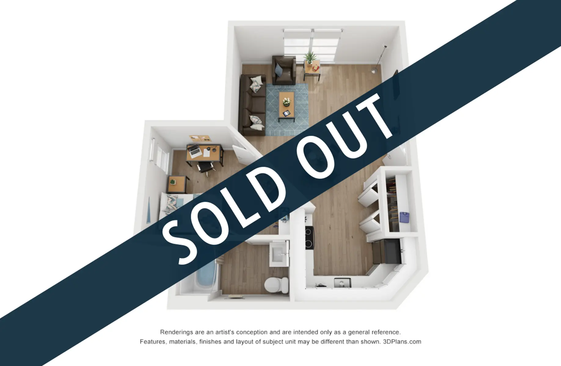 A 3D floor plan of a residential unit with a large watermark reading 'SOLD OUT' across the image.