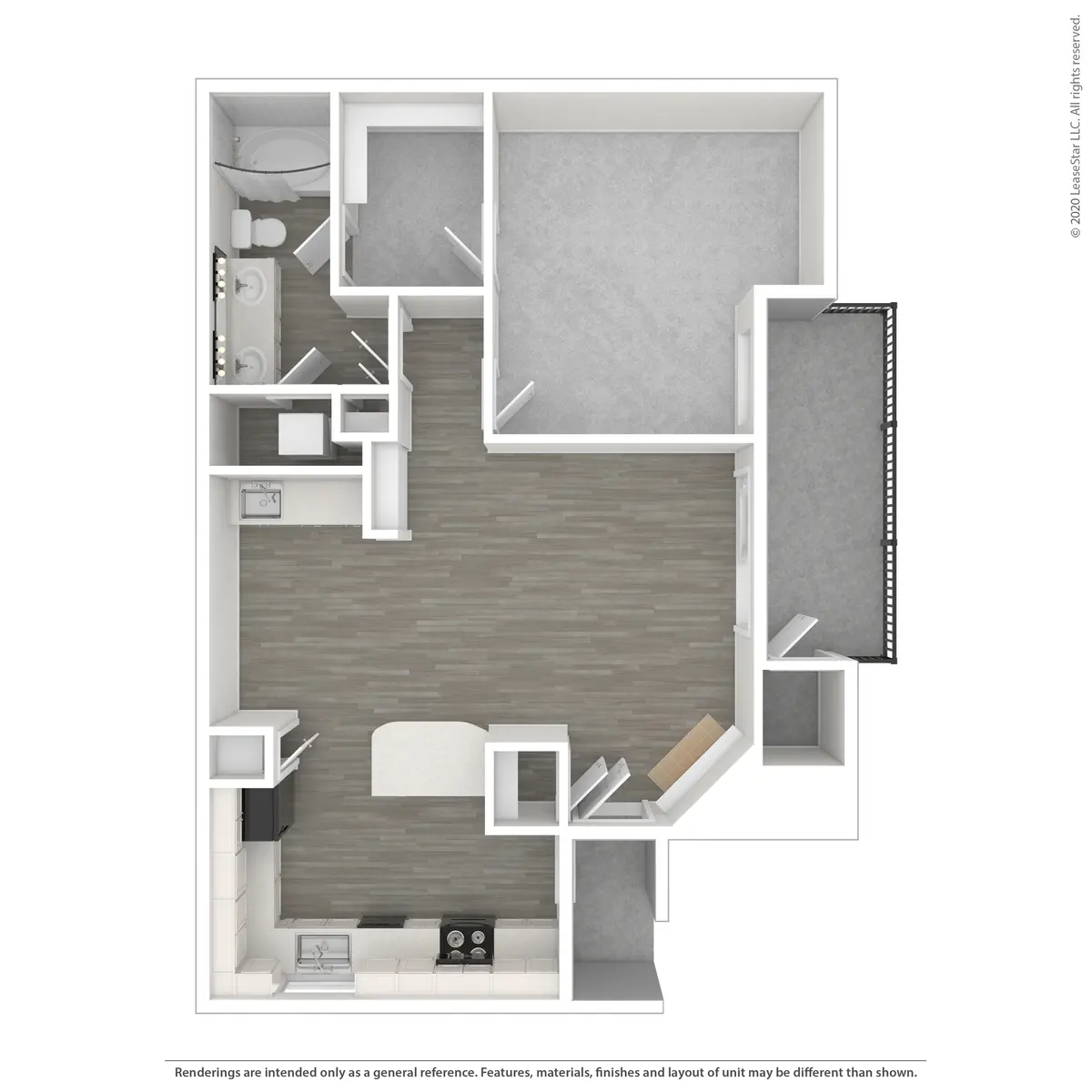 A top-down view of an apartment floor plan, showing various rooms including a living area, kitchen, bathroom, and bedroom, with furniture layout indicated.