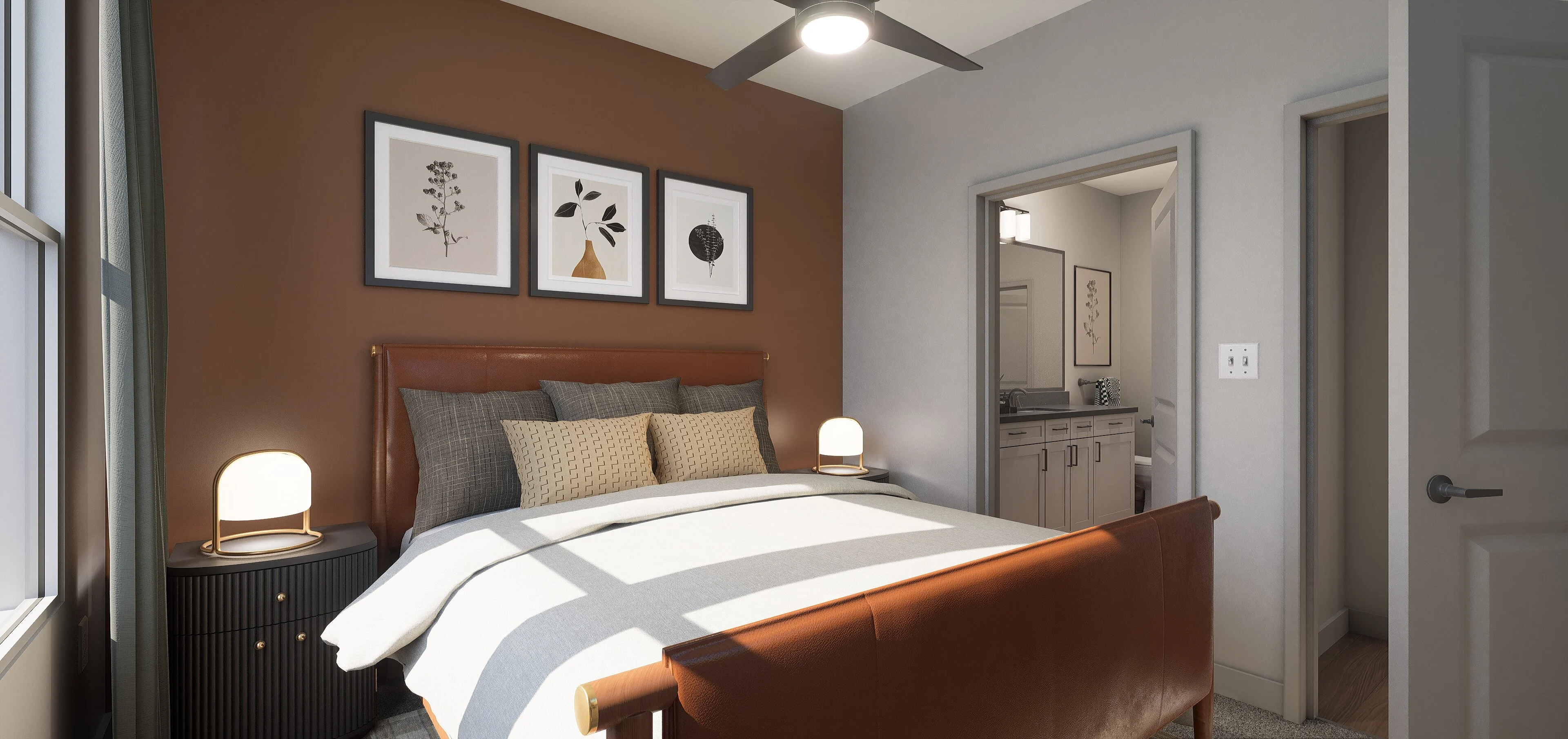 A modern bedroom featuring a brown accent wall, a brown leather bed, decorative pillows, lamps, and framed artwork on the wall.
