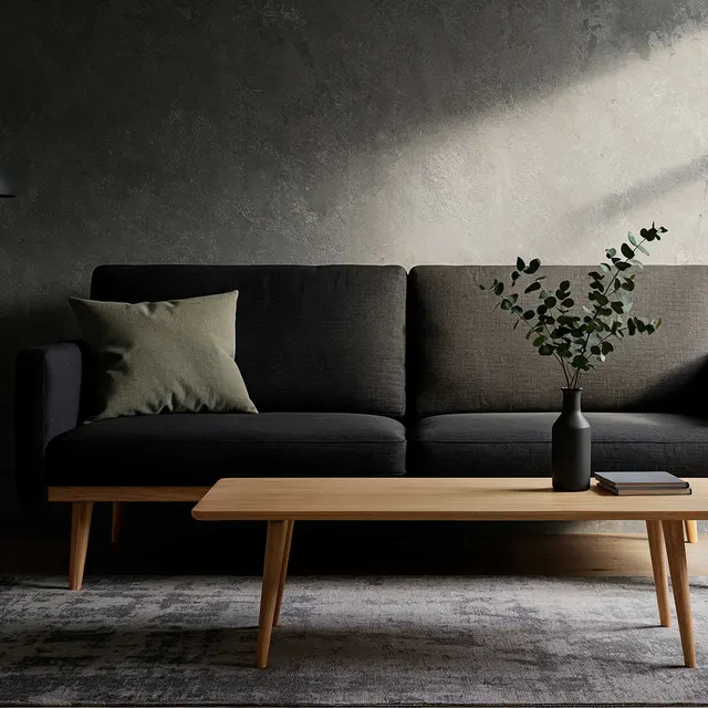A modern living room featuring a dark sofa with a green accent pillow, a wooden coffee table, a vase with greenery, and a floor lamp against a textured wall.