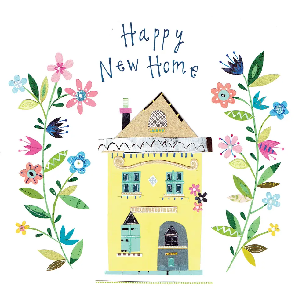 Illustration of a colorful house surrounded by flowers and the text 'Happy New Home' above it.