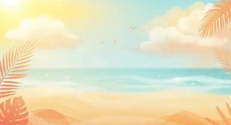 A serene beach scene with soft waves lapping against the shore, surrounded by palm leaves and a clear blue sky with fluffy clouds and birds flying in the distance.