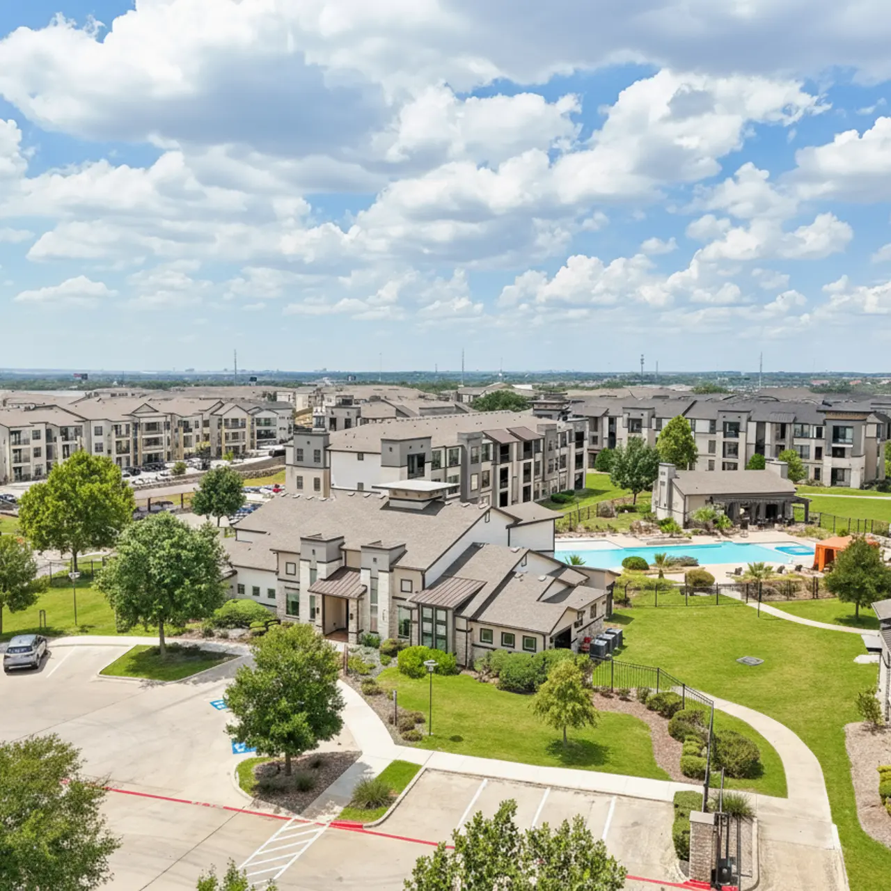 An aerial view of a modern apartment complex with multiple buildings, landscaped green areas, and a swimming pool. The sky is partly cloudy, suggesting a sunny day.