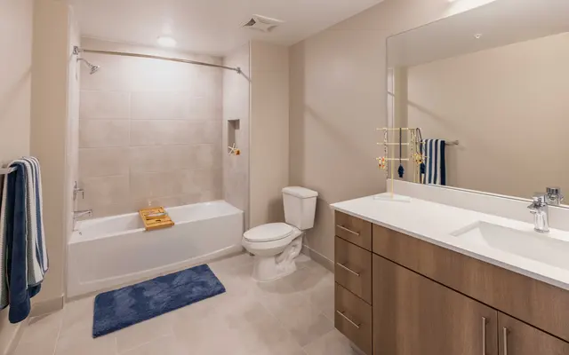 A modern bathroom featuring a bathtub, shower, toilet, and a double sink vanity with wooden cabinets.