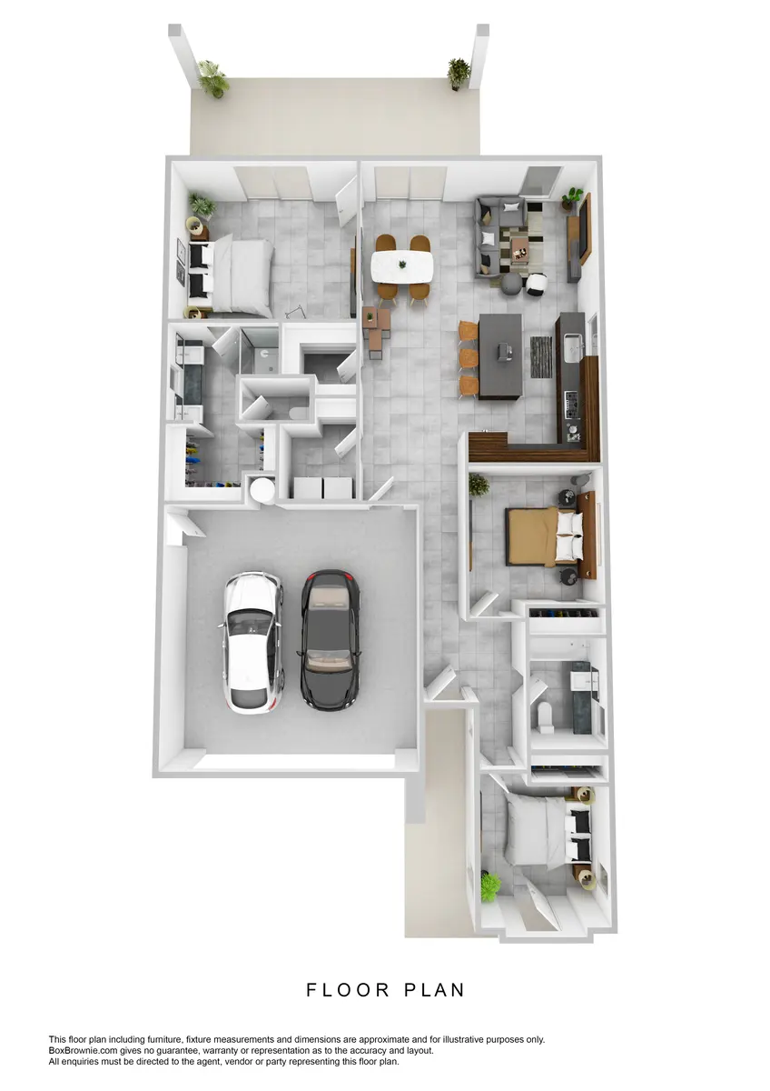 A detailed architectural floor plan showing a spacious layout with two parking spots, kitchen, living areas, dining area, and multiple rooms.
