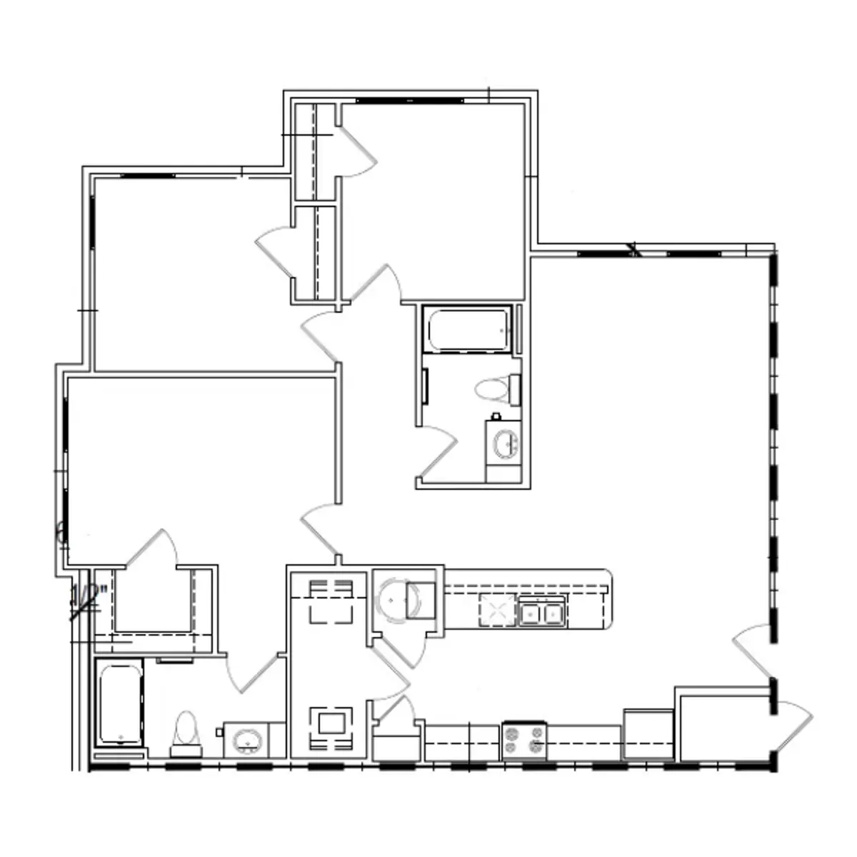 A detailed floor plan of an apartment, showcasing different rooms and their layout including a kitchen, bathroom, and living spaces.