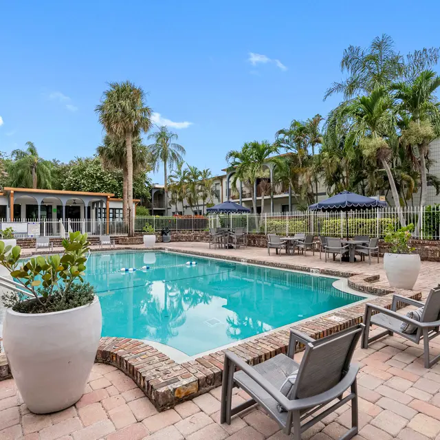 A serene pool area surrounded by tropical plants and lounge chairs on a brick patio