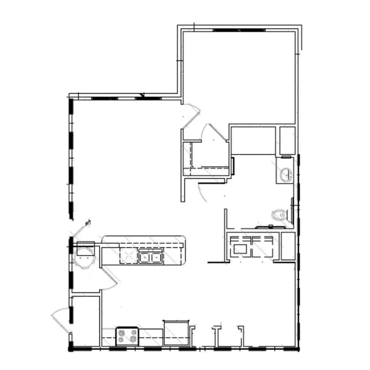 A detailed architectural floor plan showcasing the layout of a living space with designated areas for a kitchen, living room, two bathrooms, and additional rooms.