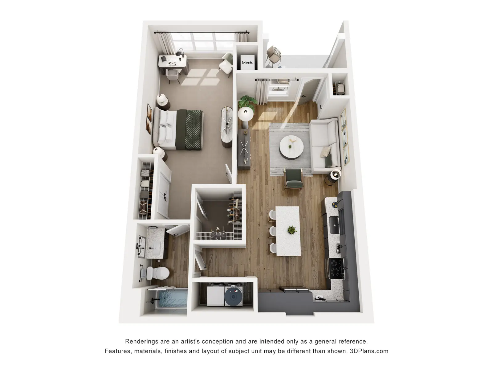 A 3D rendering of a modern apartment layout featuring a living room, kitchen, bedroom, and bathroom. The living room has a circular table and chairs, while the kitchen is equipped with appliances. The bedroom includes a bed and workspace.