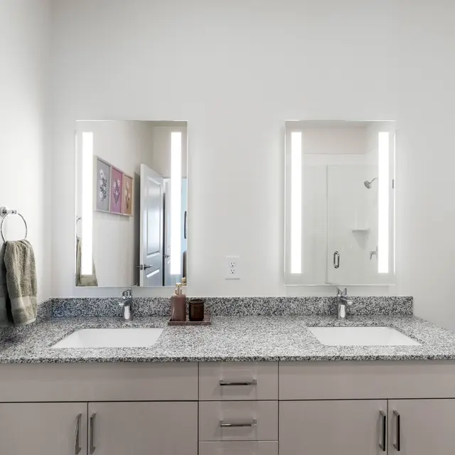 Contemporary Double Vanity Bathroom A modern bathroom featuring a double vanity with granite countertops, two mirrors with LED lighting, and decorative art on the walls. There are towels hanging and a glimpse of a shower area in the background.