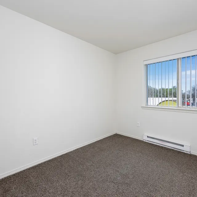Empty Room with Natural Light An empty room with beige carpet and white walls, featuring a window with vertical blinds.