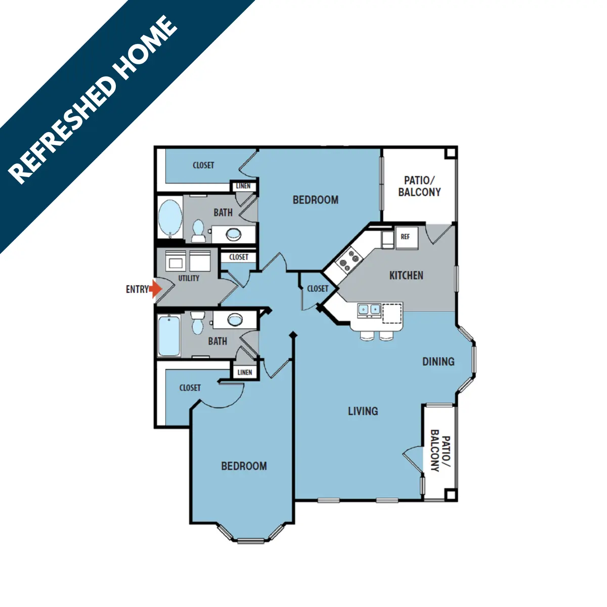 Refreshed Home Floor Plan A floor plan of a refreshed home layout showcasing multiple rooms including bedrooms, bathrooms, kitchen, dining, and living areas with labeled closets and a patio/balcony.