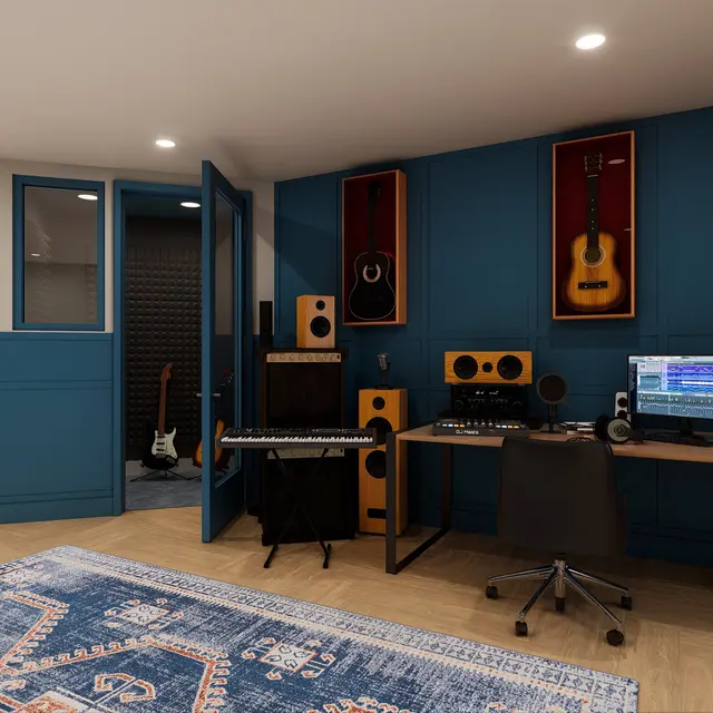 Contemporary Home Music Studio A modern home studio featuring a desk with a computer, keyboard, and speakers, surrounded by musical instruments displayed on blue walls, with a cozy rug on the floor.