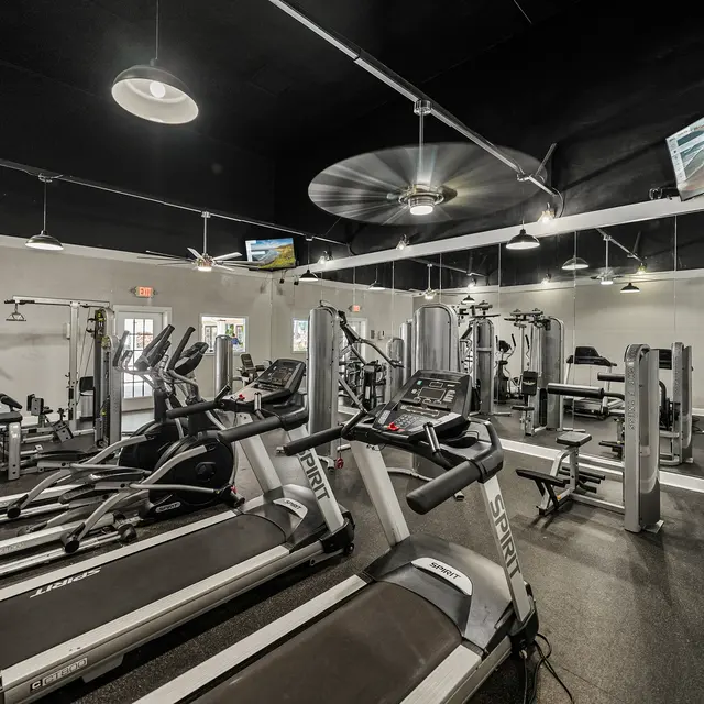 Community Gym Area A well-equipped gym with various exercise machines, including treadmills and weight-training equipment, under ceiling lights.