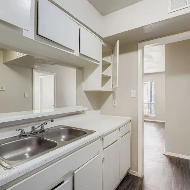 A modern kitchen featuring a white countertop with a double sink, cabinetry above, and an entrance leading to another room.