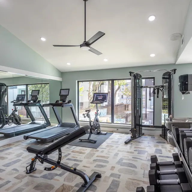 A modern gym interior featuring workout equipment including treadmills, an exercise bike, and a weight bench with weights. Large windows let in natural light, and there are mirrors on one wall.